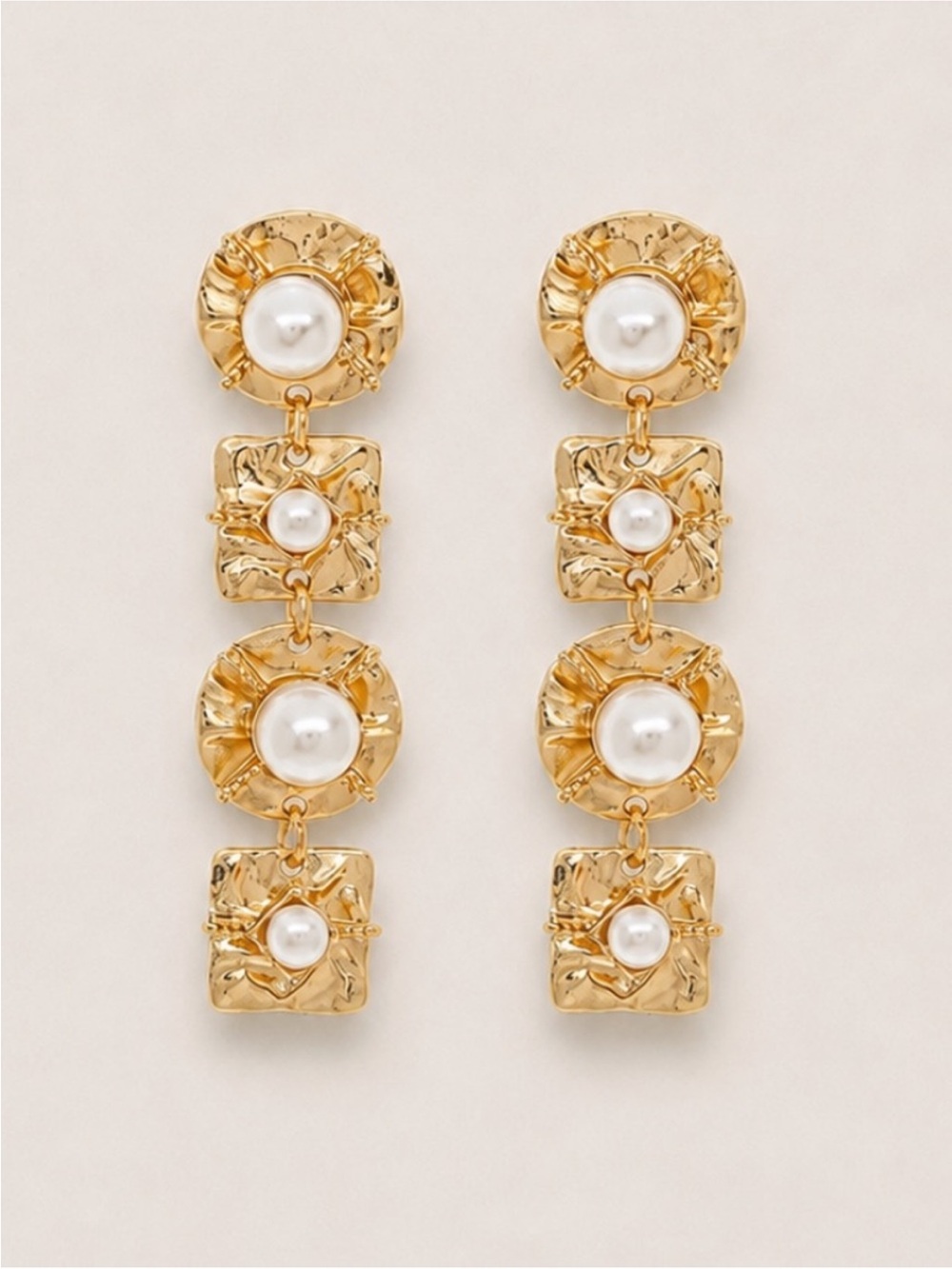 New! Gold Pearl Geometric Drop Earrings NWOT 1012